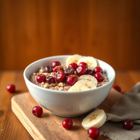 Oatmeal with cranberries and banana in a bowl on wooden backgroundの素材