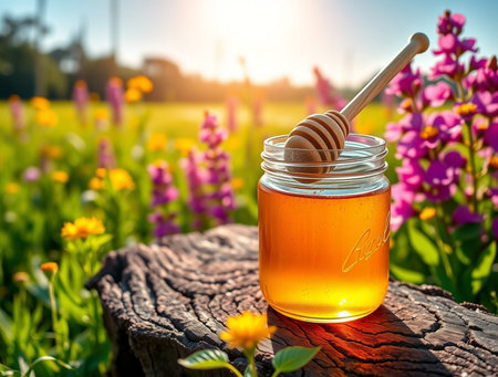 Honey in a glass jar on a background of wildflowersの素材