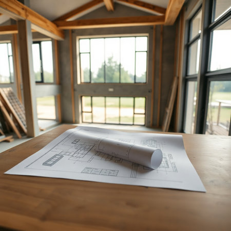 Architecture design and blueprints on table in office, construction conceptの素材