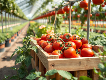 Ripe red tomatoes in a wooden box on the background of a greenhouseの素材