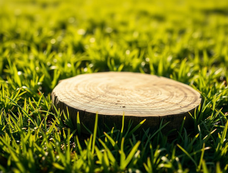 Wooden stump on green grass background. Selective focus and shallow depth of field.の素材
