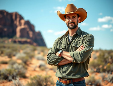 Handsome cowboy standing with arms folded in a desert landscape.の素材