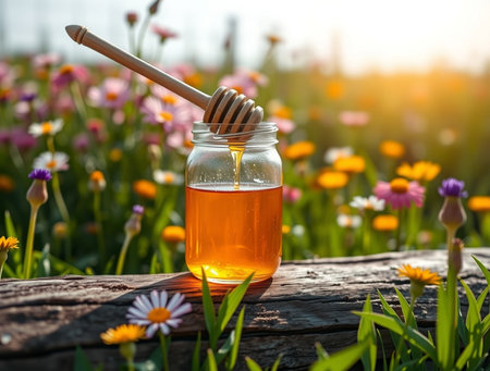 Honey in a glass jar with a wooden drizzler on the background of flowers.の素材