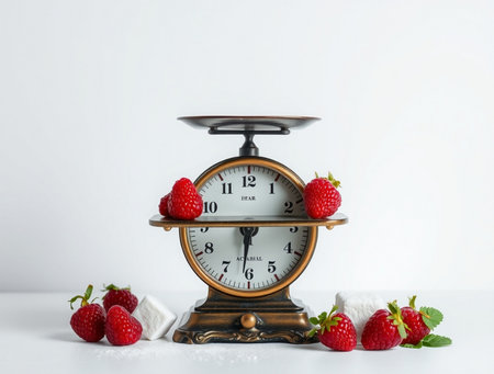 Retro kitchen scale with fresh raspberries on white background.の素材