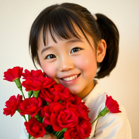 Cute asian little girl with red carnation bouquet.の素材