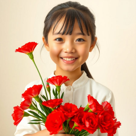 Little asian girl holding a bouquet of red carnation flowersの素材