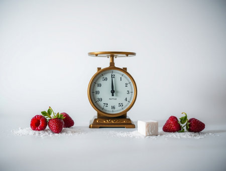 Old retro alarm clock and fresh raspberries on a white backgroundの素材