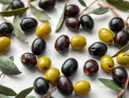 Fresh olives with leaves on white background, closeup. Ripe olivesの素材