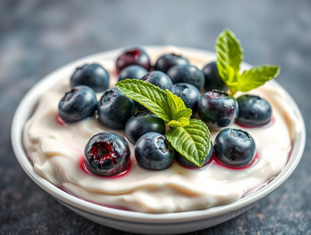 Greek yogurt with fresh blueberries and mint on a dark background.の素材