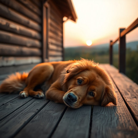 Cute golden retriever dog lying on the wooden deck at sunsetの素材