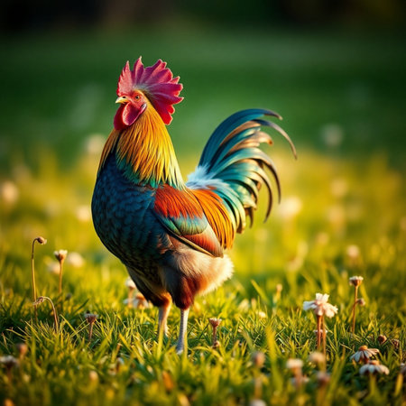 Colorful rooster on green grass in the garden at sunset.の素材