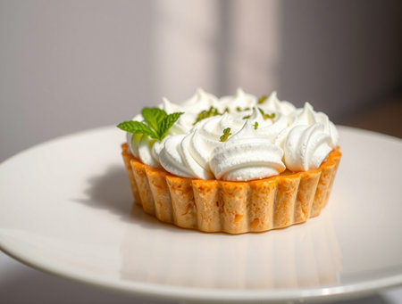 Tartlet with whipped cream and mint on a white plate.の素材
