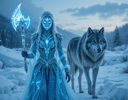 Beautiful young woman in a blue dress with an ax and a wolf in the winter forestの素材