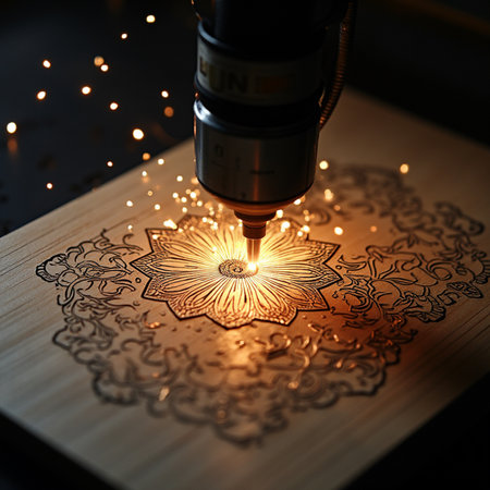 CNC milling machine cutting flower on wooden board, close upの素材