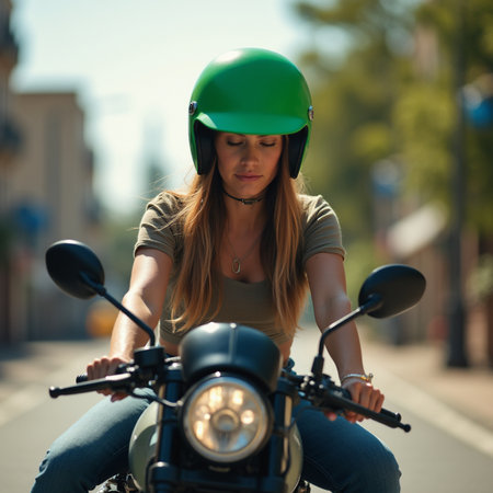 Beautiful young woman riding a motorcycle in the city on a sunny day.の素材