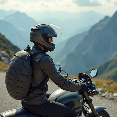 Motorcyclist in helmet and leather jacket on a motorcycle on the roadの素材