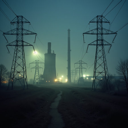 Power plant in a foggy winter night. Industrial landscape with power lines.の素材