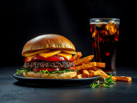Delicious hamburger with French fries and cola on black backgroundの素材