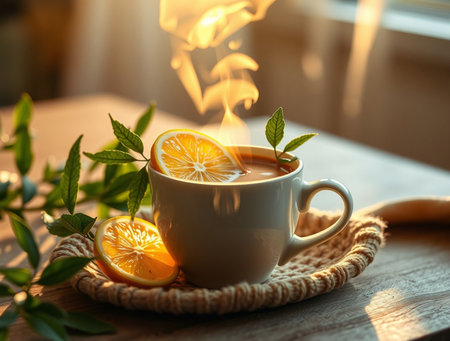 Cup of tea with lemon and mint on wooden table in sunlightの素材