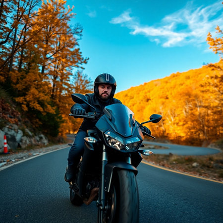 Motorcyclist in helmet and sunglasses riding a motorcycle on the road in autumn forest.の素材