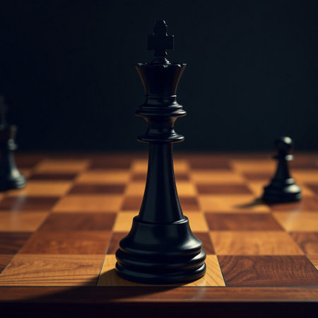 Black king chess piece on wooden chessboard. Selective focus.の素材