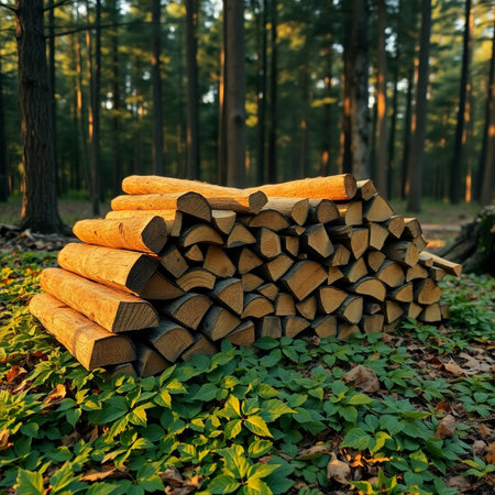 Stack of firewood in the forest. Firewood in the forest.の素材