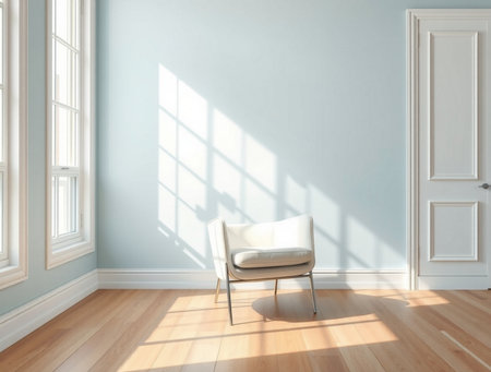White chair in empty room with window and wooden floor. 3d renderの素材