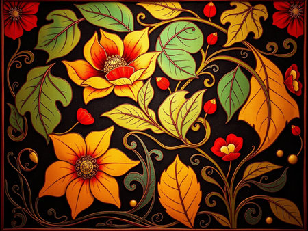 abstract floral background with flowers and leaves on a black background.の素材