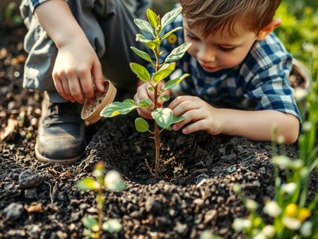 Two little boys are planting a tree in the garden. Ecology conceptの素材
