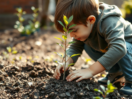 Cute little boy planting a tree in the garden. Ecology concept.の素材