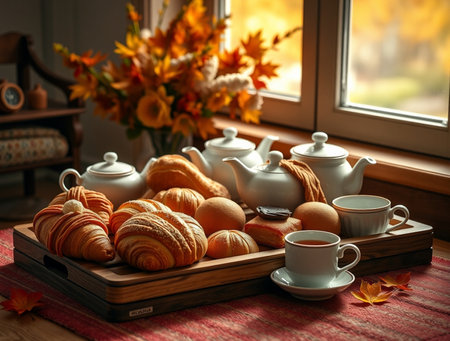 Breakfast table with croissants, coffee and croissantsの素材