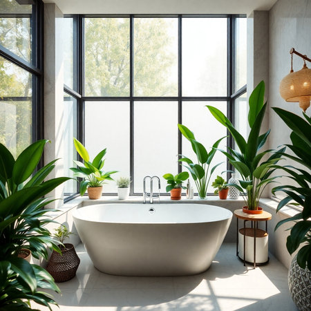 Modern bathroom interior with white bathtub and plants in pots near windowの素材