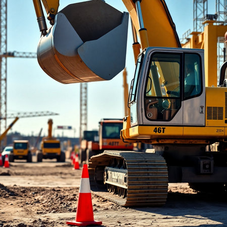 Part of a construction machine (excavator, forklift or crane) working on a construction siteの素材