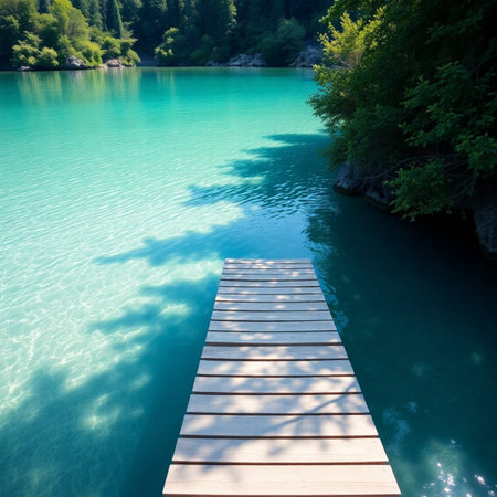 Wooden pier on turquoise water of Plitvice Lakes National Park in Croatiaの素材