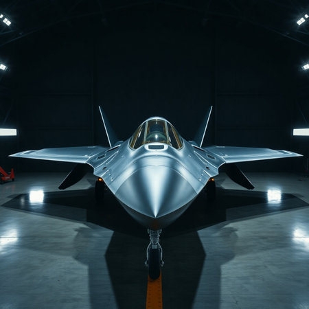 Fighter jet fighter in an exhibition hall. 3D rendering.の素材