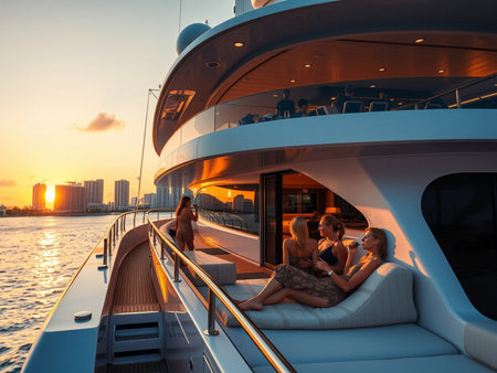 Couple sitting on the deck of a luxury yacht at sunset.の素材