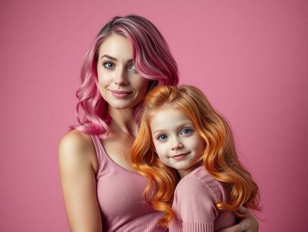 Mother and daughter with pink hair on a pink background. Portrait of a mother and daughter.の素材
