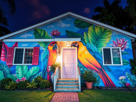 Colorful house with parrot in the garden at night time.の素材