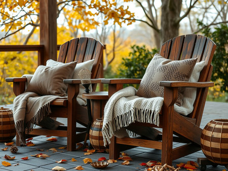 Wooden chairs with pillows and plaid on terrace in autumn parkの素材