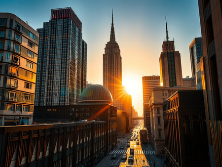 Sunset view of the skyline of the city of New York.の素材