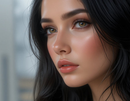 Close-up portrait of a beautiful young brunette woman with natural make-upの素材