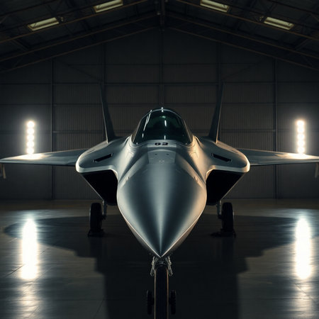 Fighter jet in the hangar. 3d rendering toned imageの素材