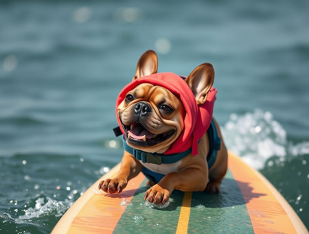French bulldog dog in a red swimming suit on a surfboardの素材