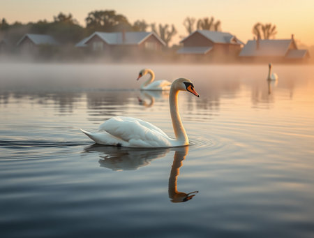swans on the lake in the mist at sunrise, swans on the lake, nature seriesの素材