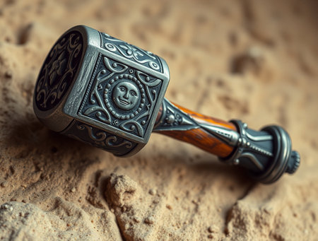 Medieval wooden dagger on the background of sand. Selective focus.の素材