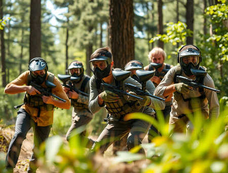 Paintball players with guns in action on a forest trail.の素材