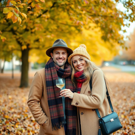 love, relationship, dating, dating and people concept - smiling couple drinking wine in autumn parkの素材