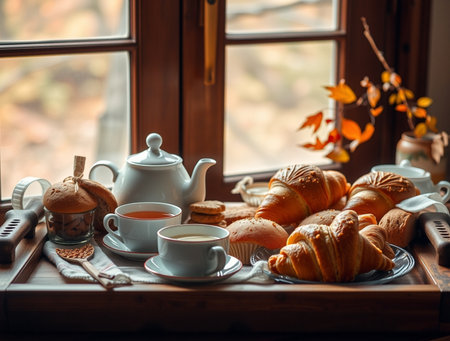 Breakfast with coffee, croissants and croissants on the windowsillの素材
