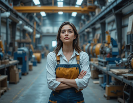 Portrait of serious young female worker standing with arms crossed in factoryの素材