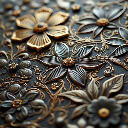 Beautiful golden floral ornament on a black background. Selective focus.の素材